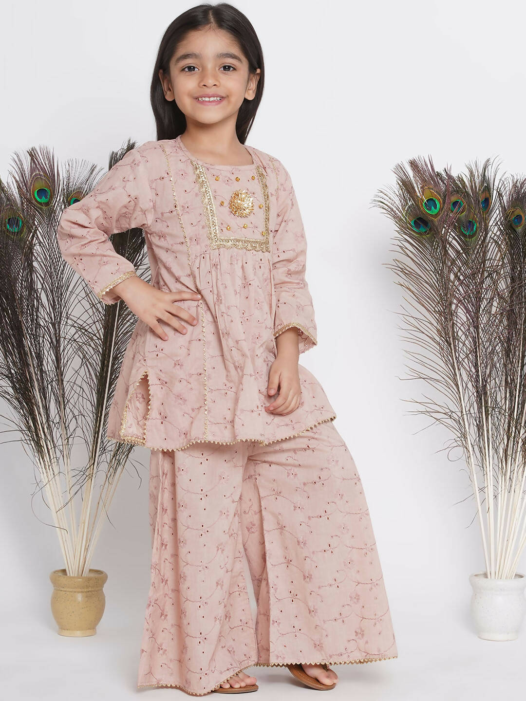Little Bansi Floral Shiffli Kurta With Plazzo And Dupatta - Brown