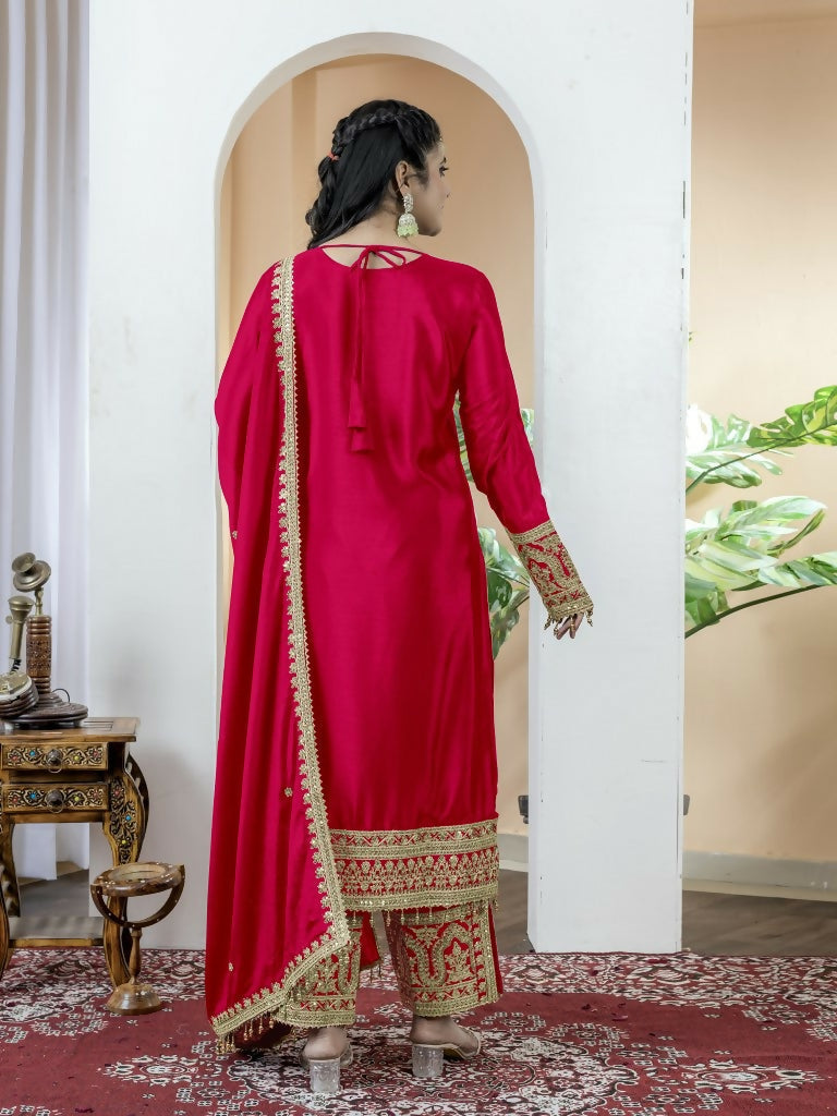 Teeya Creation Red Color Chinnon Silk Embroidery Work Fully Stitched Salwar Suit - Distacart