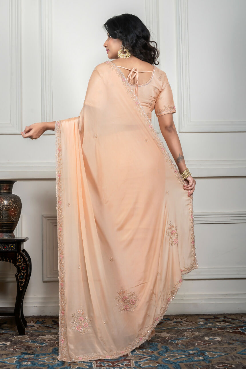 Morchari Beige Chiffon Hand Embroidery Saree And Stitched Blouse - Distacart
