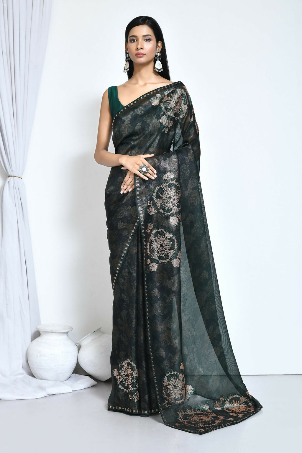 Green Satin Silk Foil Print Festive Saree - Nimaya Denzy