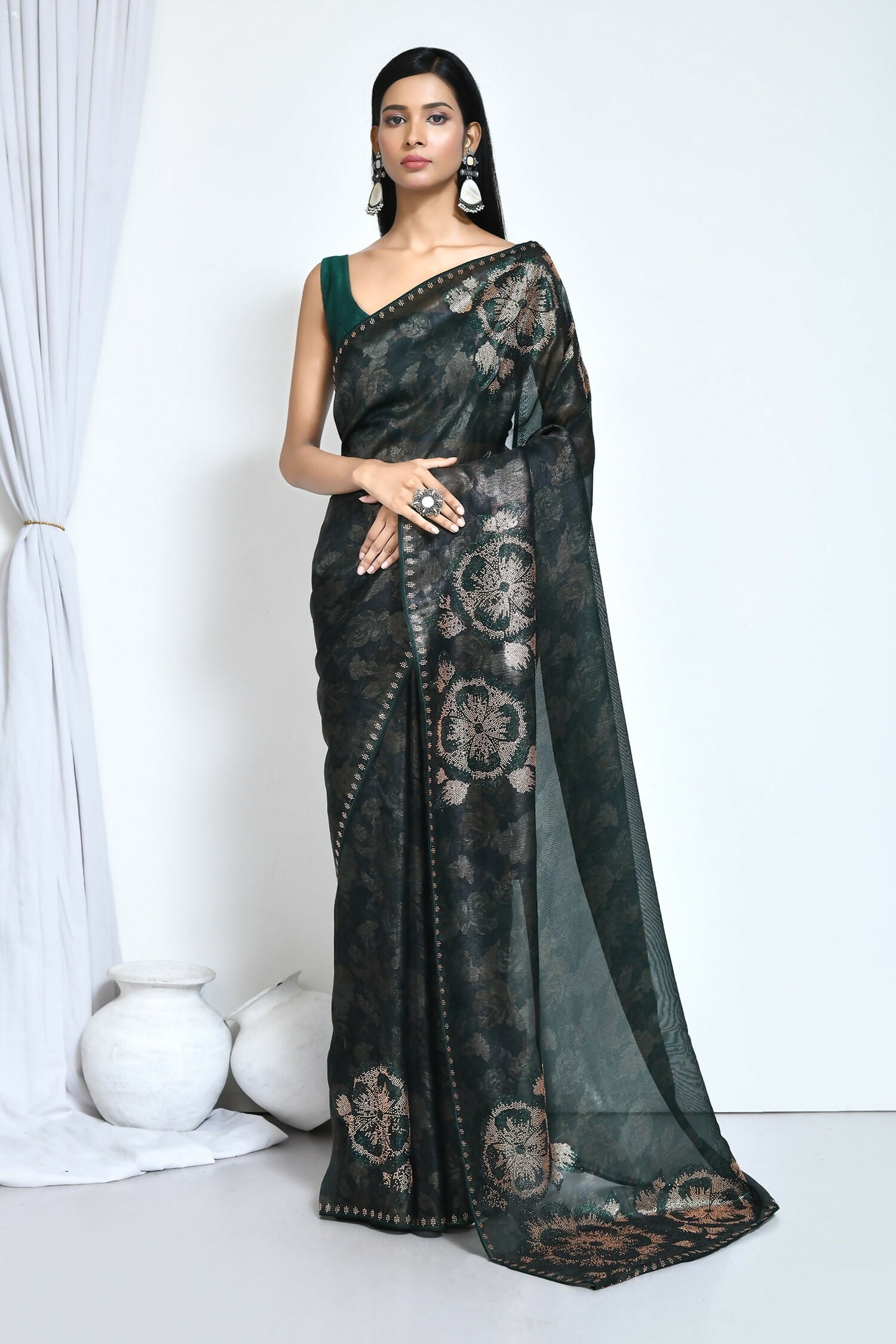 Green Satin Silk Foil Print Festive Saree - Nimaya Denzy