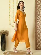 Myshka Women's Mustard Georgette Kurta & Trousers With Dupatta Party Sets