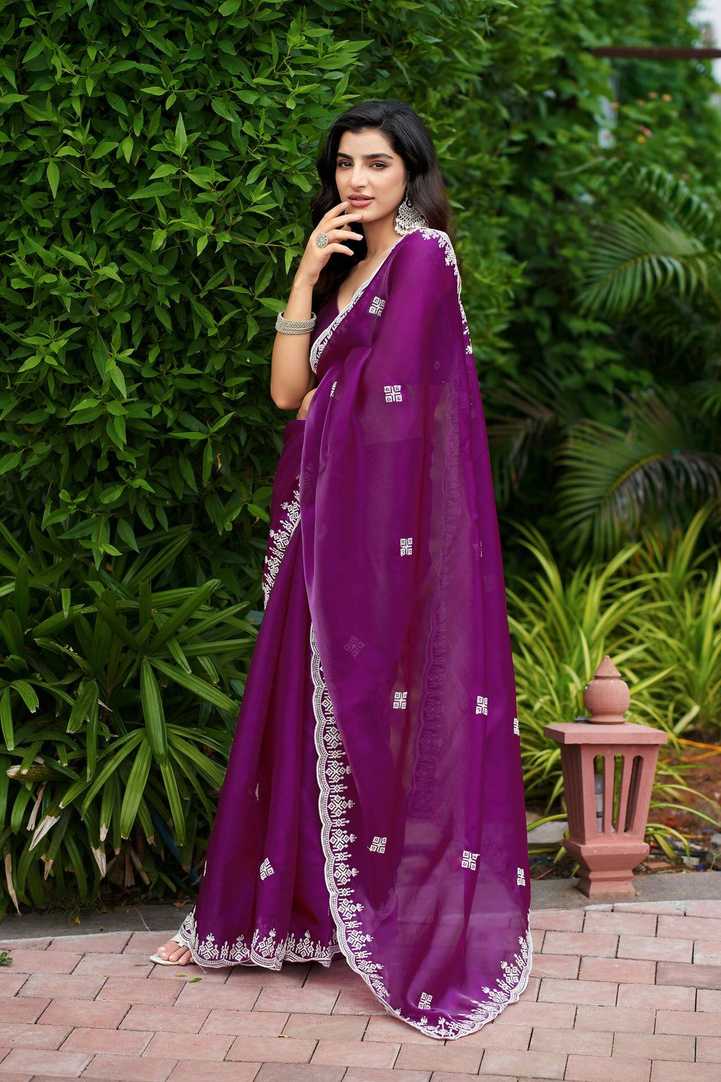 Vastranavya Purple Embroidery Work Shimmer Chiffon Saree with Unstitched Blouse - Distacart