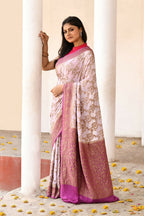 Joban Fashion Pastel Lilac Crepe Chiffon Pure Handloom Banarasi Silk Saree
