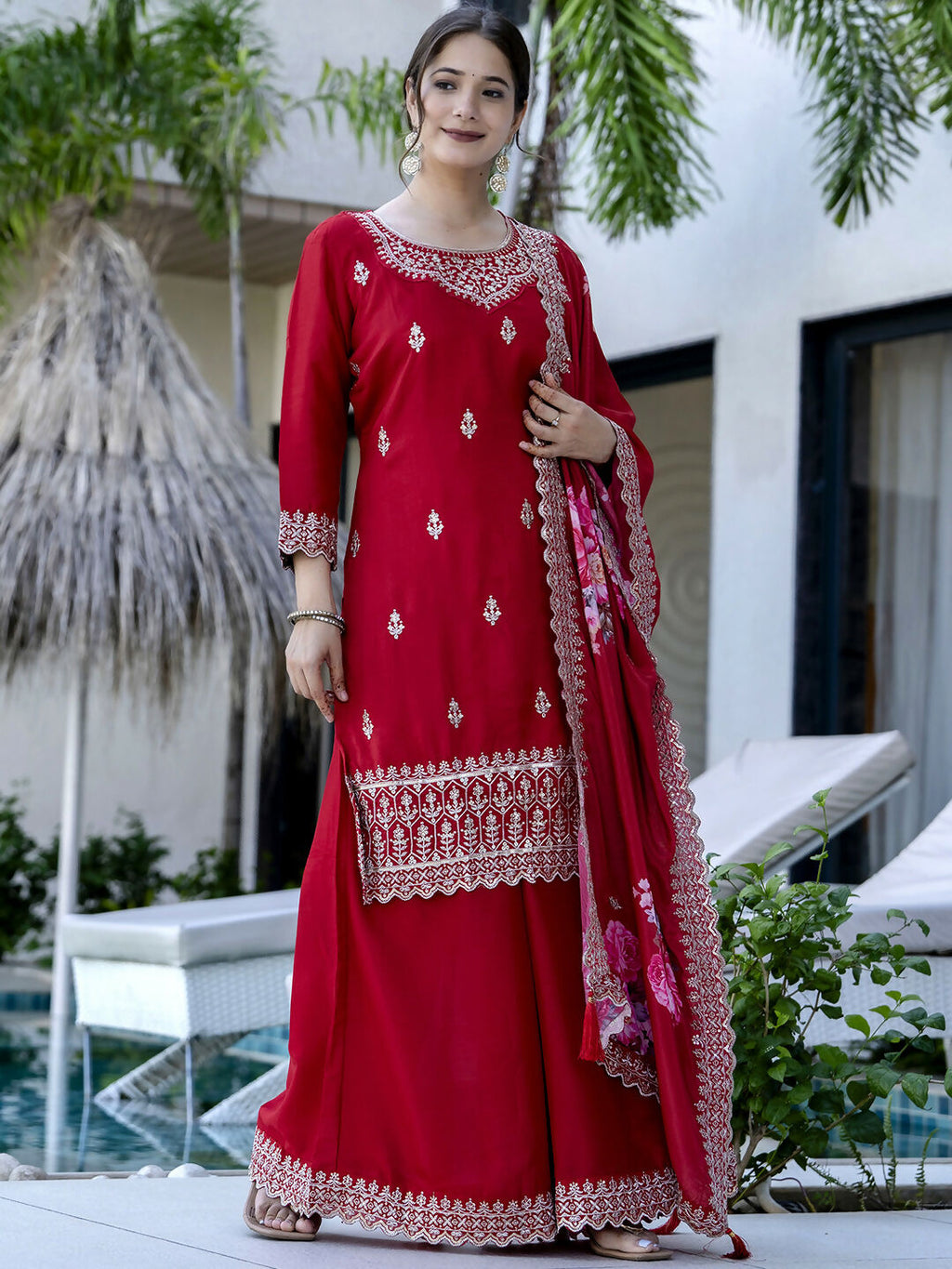 The52 Red Women's Gorgeous Embroidered Vichitra Silk Fabric Straight Kurta, Sharara and Dupatta Set - Distacart