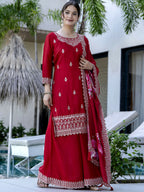 The52 Red Women's Gorgeous Embroidered Vichitra Silk Fabric Straight Kurta, Sharara and Dupatta Set - Distacart