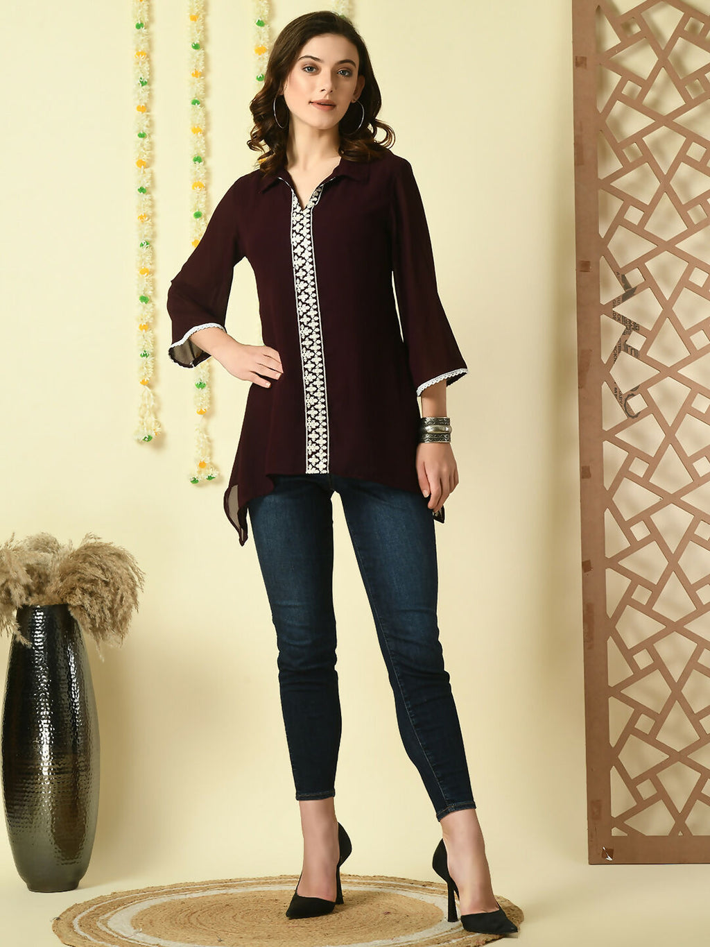 Myshka Women's Coffee Brown Embroidered Party Fusion Top