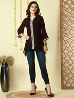Myshka Women's Coffee Brown Embroidered Party Fusion Top