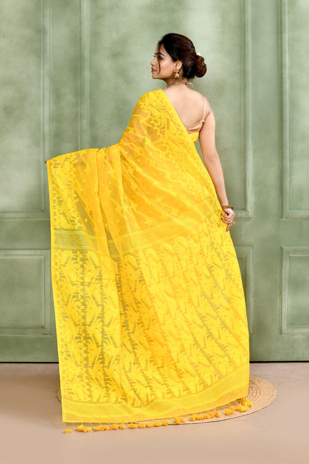 Piyari Fashion Women's Yellow Embellished Cotton Blend Jamdani Saree - Distacart