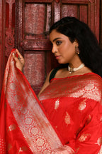 Joban Fashion Red Handwoven & Zari Work Soft Pure Handloom Banarasi Silk Saree