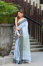 Beatitude Grey Cotton Jacquard Border Tangail Handloom Saree