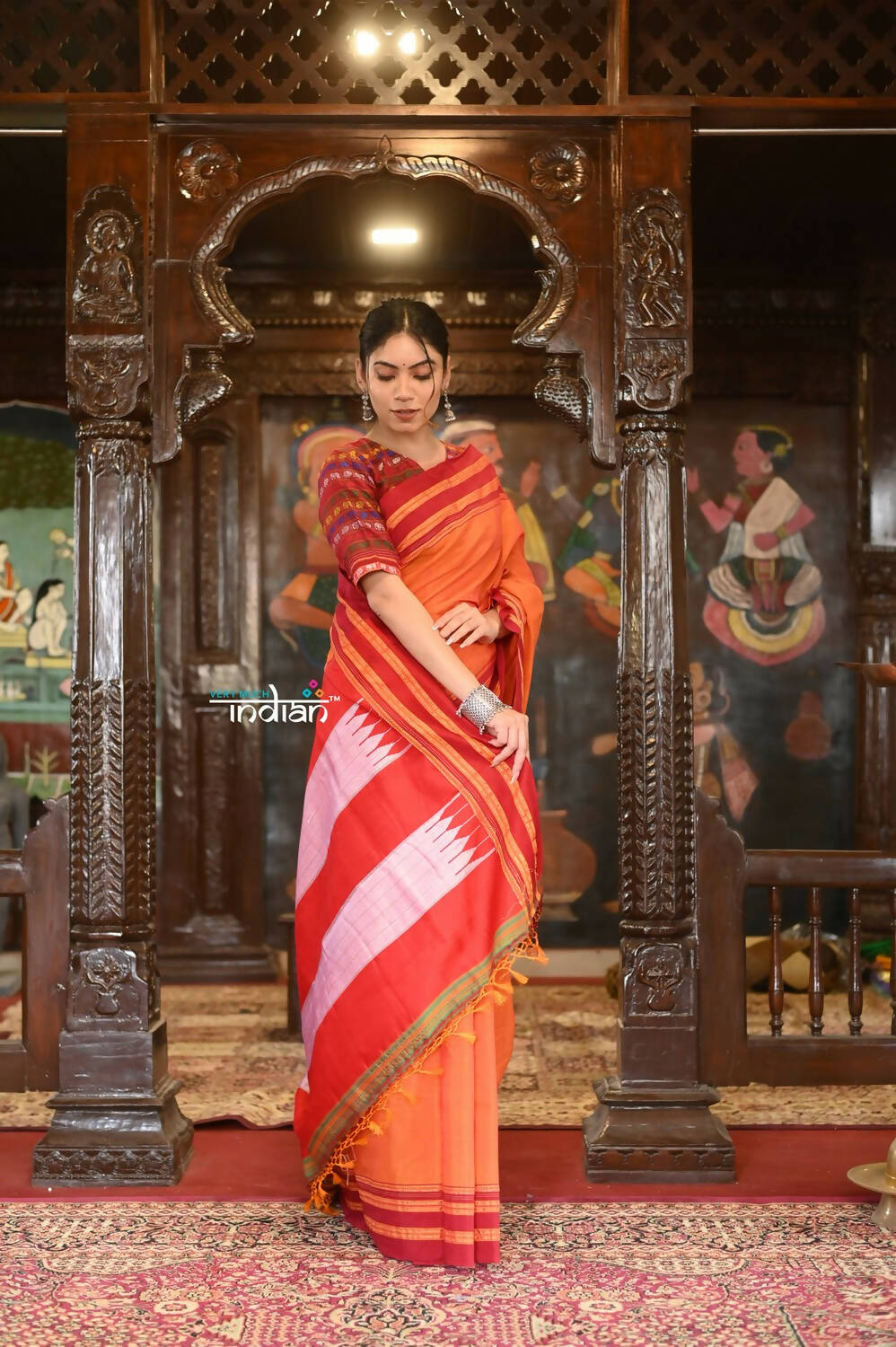 Very Much Indian Handloom Cotton Viscose Ilkal Saree Bright Orange With Red Border - Distacart