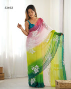 Green Georgette Pedding Color, Embroidery Work Party Wear Saree - Erisha
