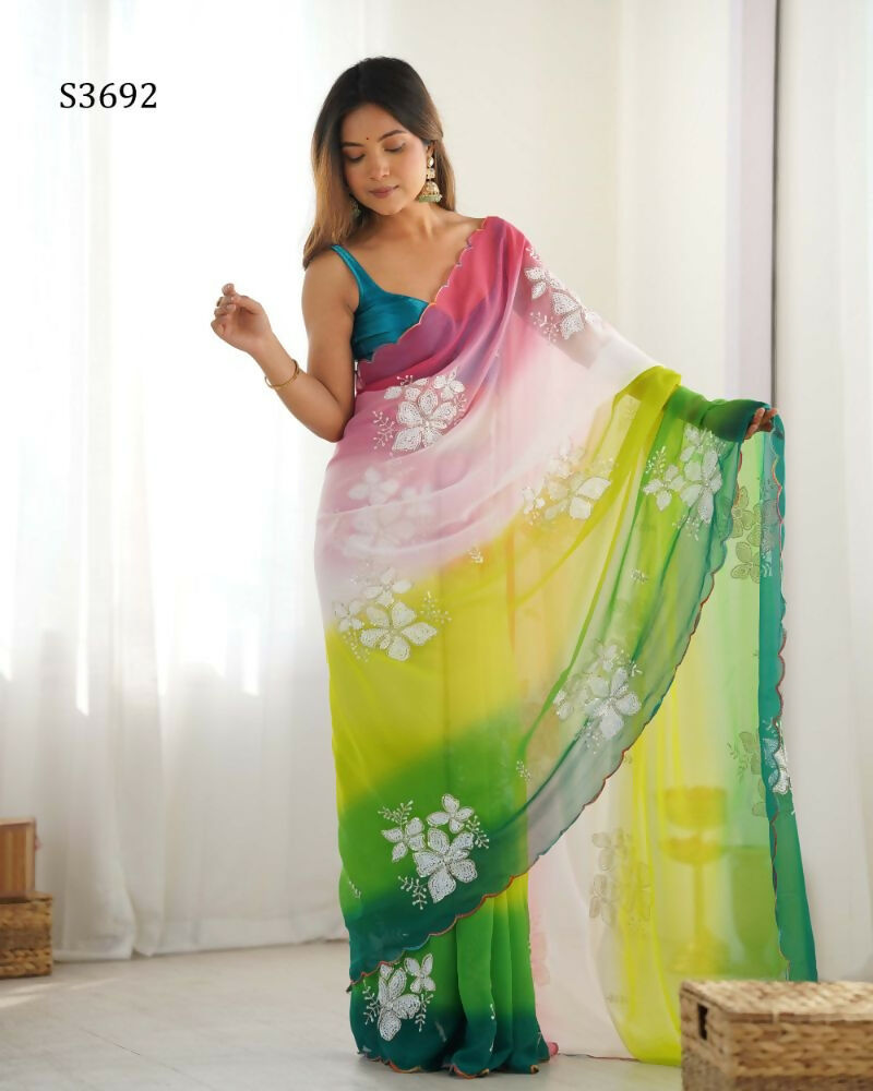 Green Georgette Pedding Color, Embroidery Work Party Wear Saree - Erisha