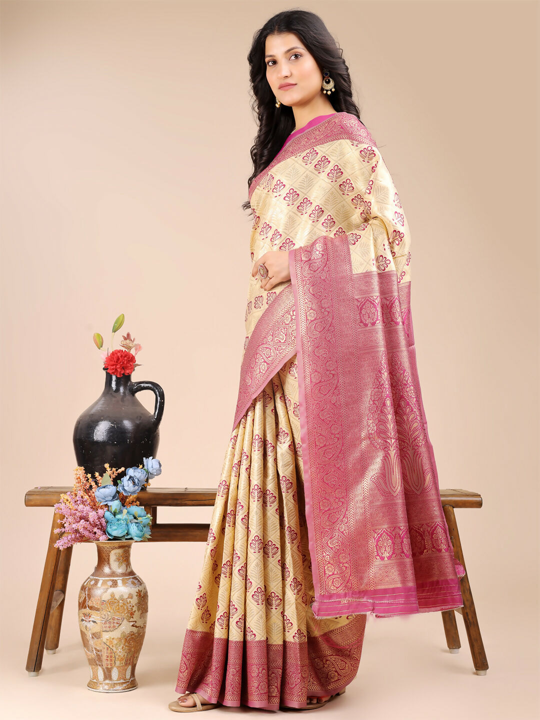 Shree Shyam Fashion Aura Silk Cream Magenta Banarasi Silk Saree