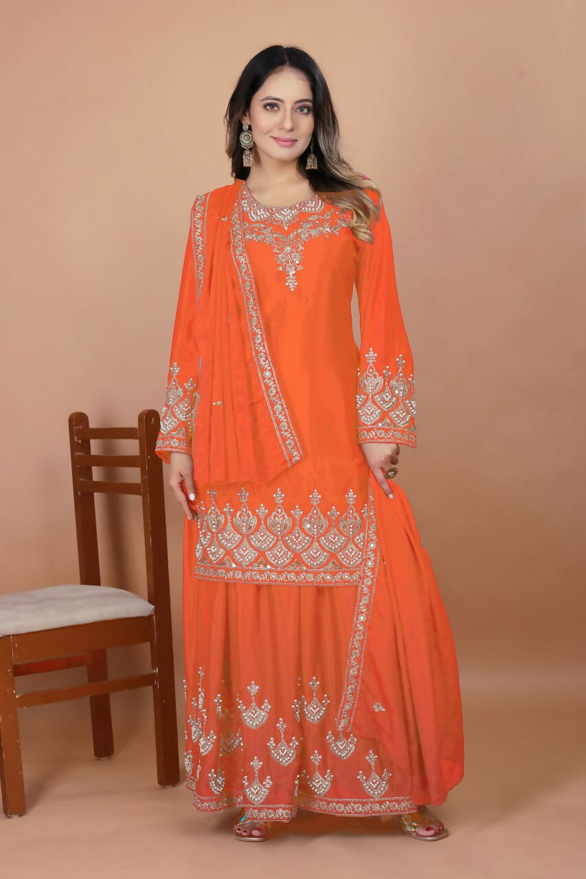 Teeya Creation Orange Chinon Embroidery Work Party Wear Palazzo Suit - Distacart