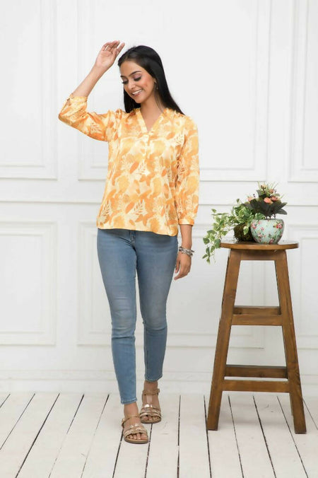 Myshka Women Floral V-Neck Regular Sleeves Polyester Mustard Top