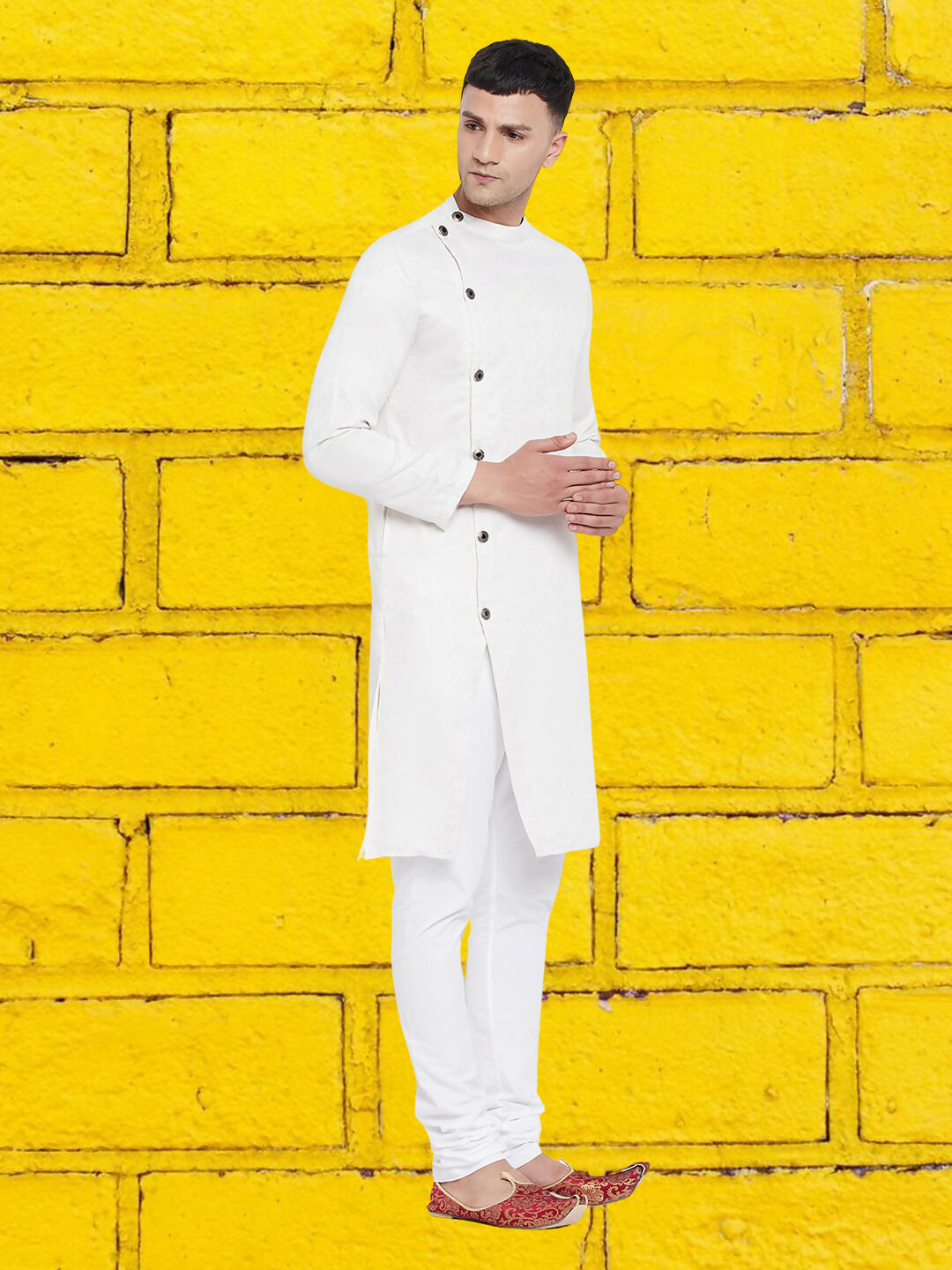 Even Apparels Men's Asymetrical White Sherwani Kurta