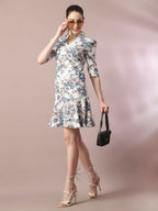 Myshka Women's White Printed Shirt Collar Fit and Flare Party Dress - Distacart