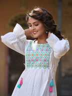 Juniper Women's White Cotton Dobby Solid With Multi Color Embroidered Tunic - Distacart