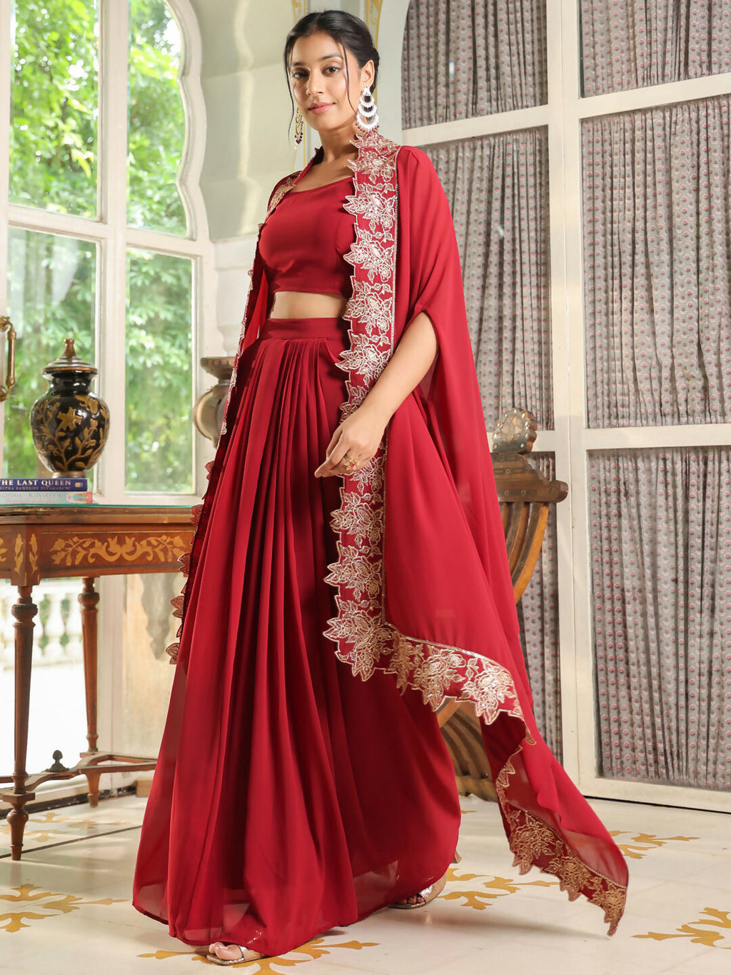 Janasya Maroon Georgette Solid Top Bottom Cape