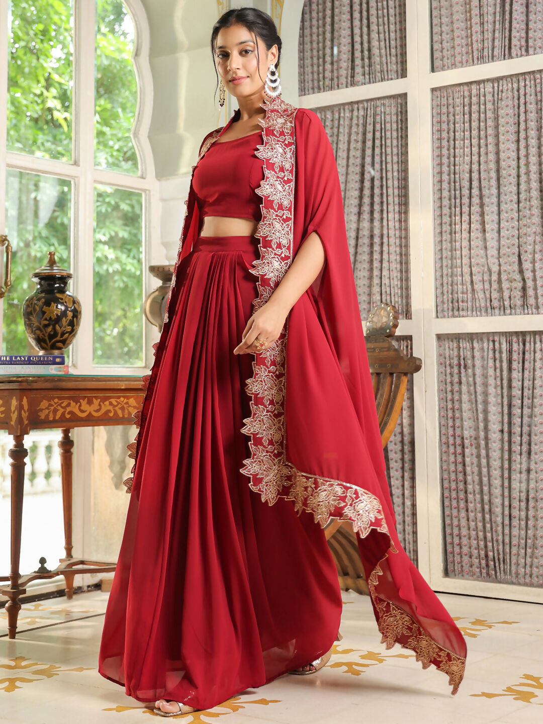 Janasya Maroon Georgette Solid Top Bottom Cape