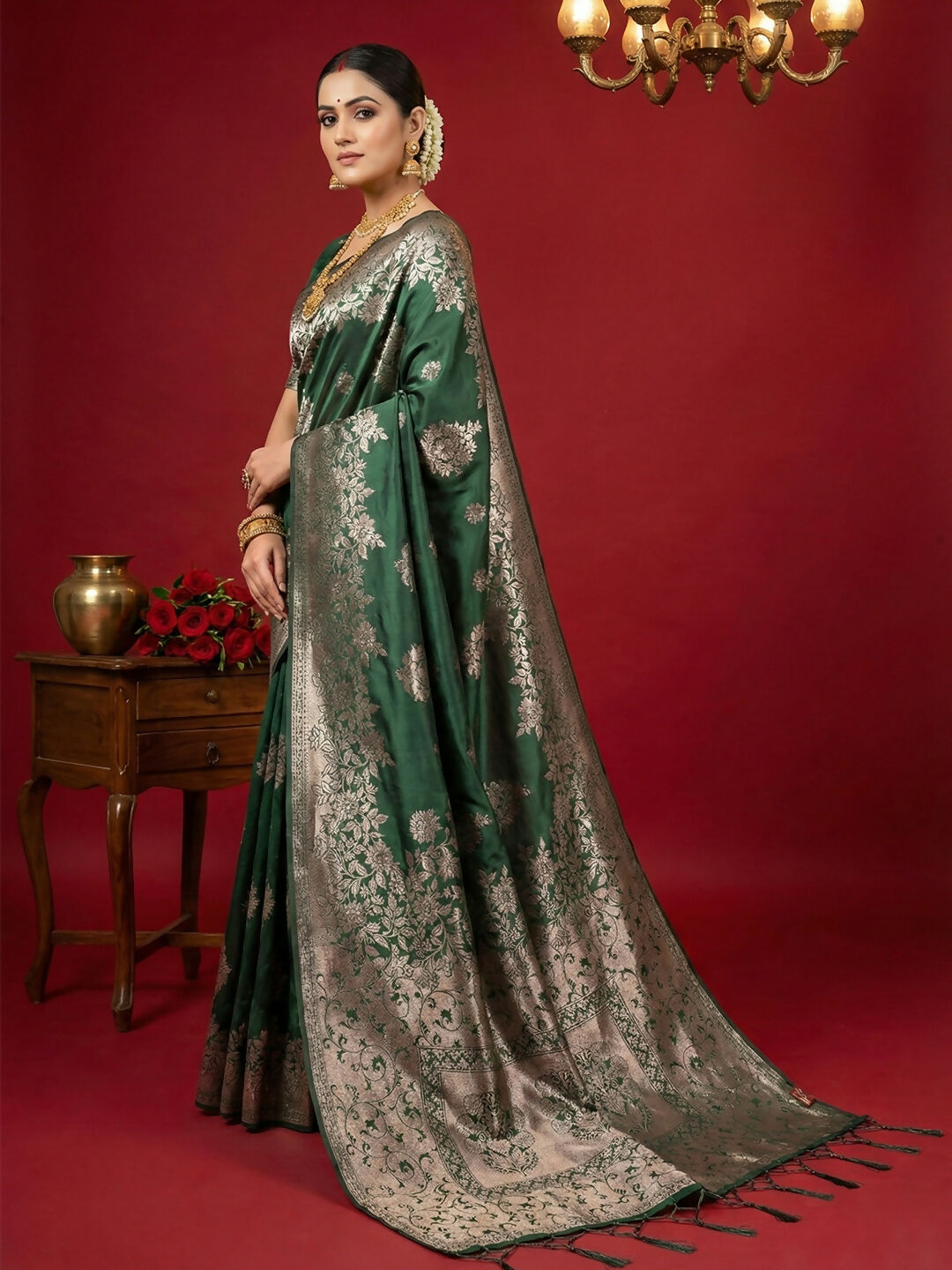 Shree Shyam Fashion Dark Green Silk Blend Saree - Distacart