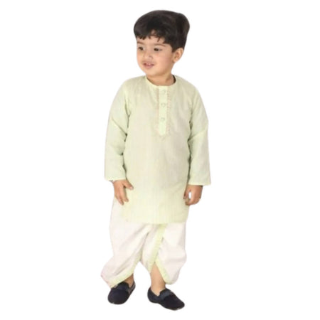 Little Bansi Boys Green and Cream Color Golden Striped Kurta and Dhoti