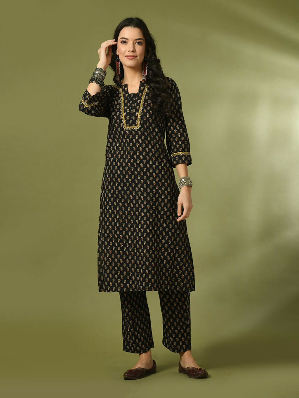 Myshka Women's Black Printed Cotton Straight Party Kurta Set