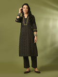 Myshka Women's Black Printed Cotton Straight Party Kurta Set