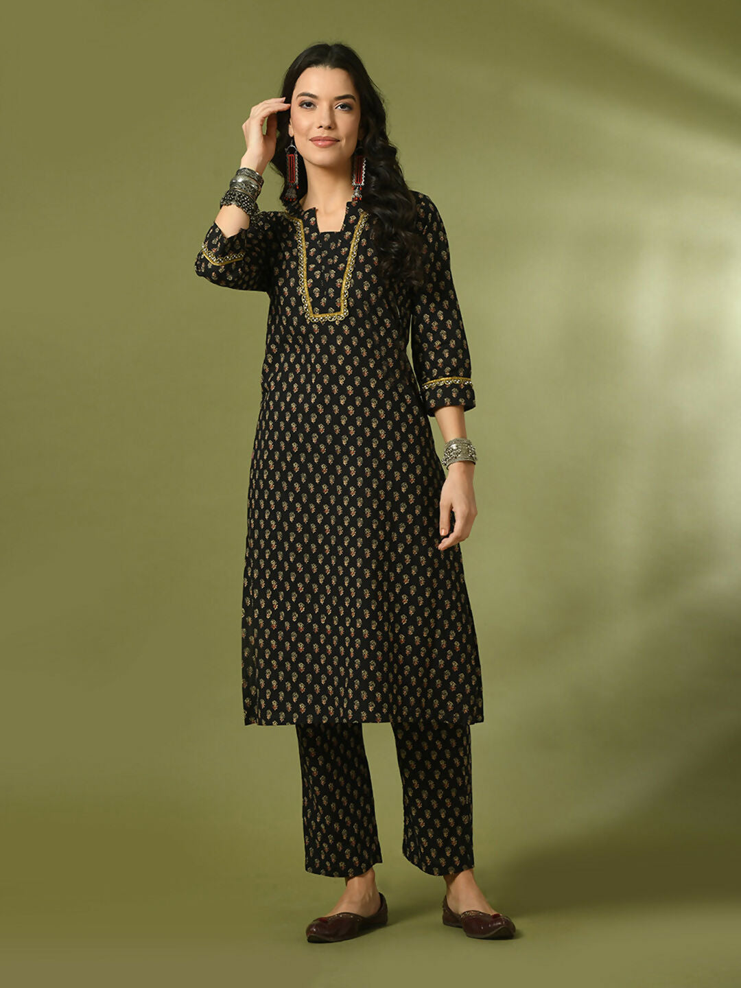Myshka Women's Black Printed Cotton Straight Party Kurta Set