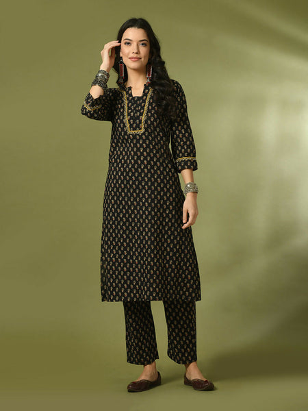 Myshka Women's Black Printed Cotton Straight Party Kurta Set