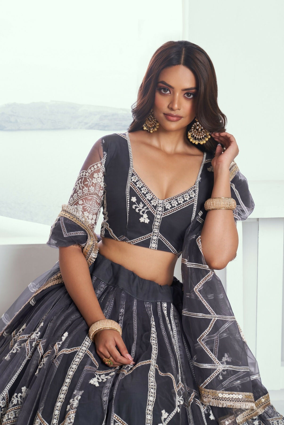 Eilara Appealing Dark Gray Net With Embroidered And Thread Zari Sequence Party Wear Lehenga Choli