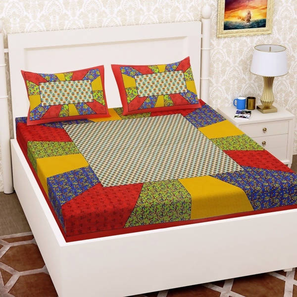 Vamika Printed Cotton Red & Multicolor Bedsheet With Pillow Covers (LEOC_CHOK_R)