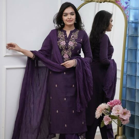 The52 Women's Beautiful Rayon Slub Fabric Embroidery Work Straight Kurta Pant and Dupatta Set - Distacart