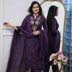 The52 Women's Beautiful Rayon Slub Fabric Embroidery Work Straight Kurta Pant and Dupatta Set - Distacart