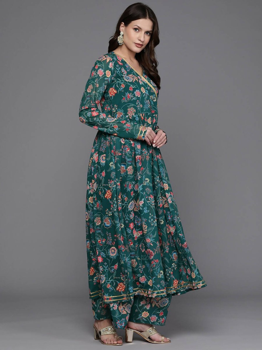 Ahalyaa Women Floral Printed Angrakha Kurta with Palazzos - Green Color