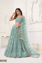 Eilara Glamorous Ocean Blue Net With Sequins And Thread Embroidery Real Mirror Work Lehenga Choli For Wedding