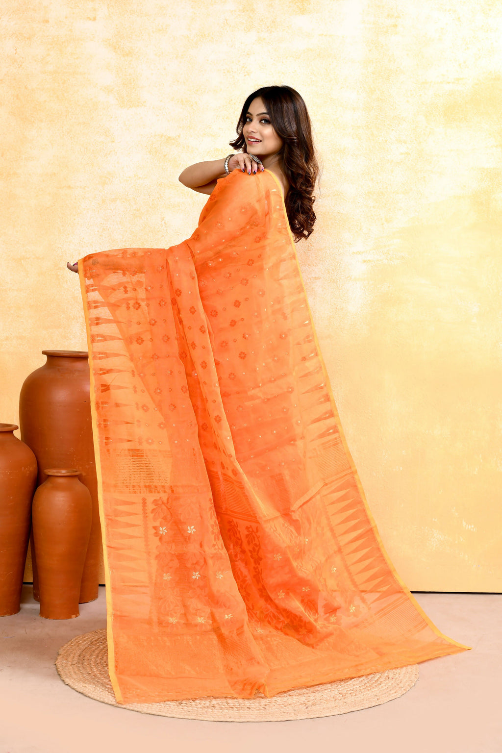 Piyari Fashion Women's Orange Embellished Cotton Blend Jamdani Saree - Distacart