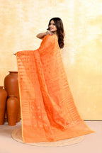 Piyari Fashion Women's Orange Embellished Cotton Blend Jamdani Saree - Distacart
