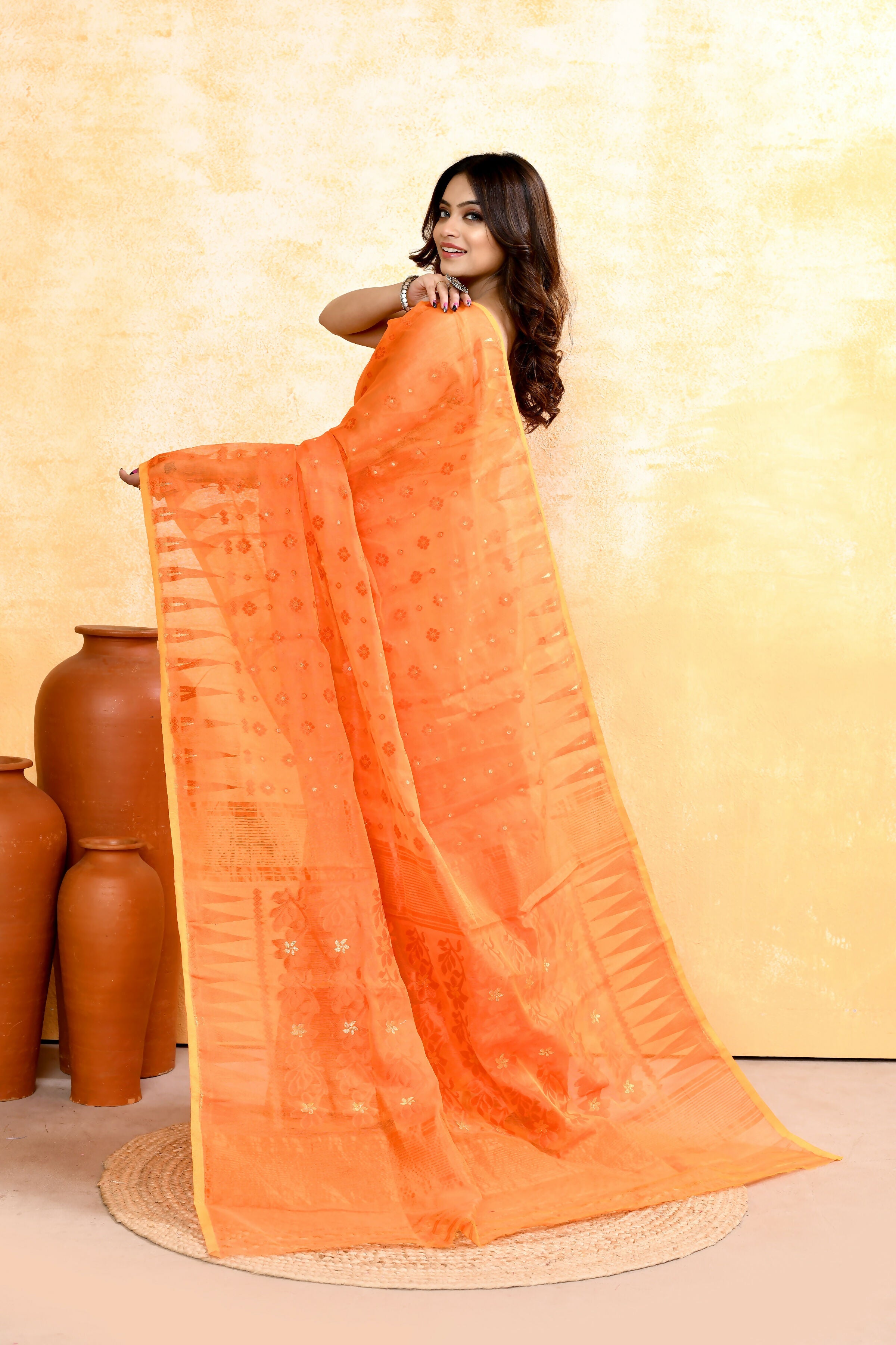 Piyari Fashion Women's Orange Embellished Cotton Blend Jamdani Saree - Distacart