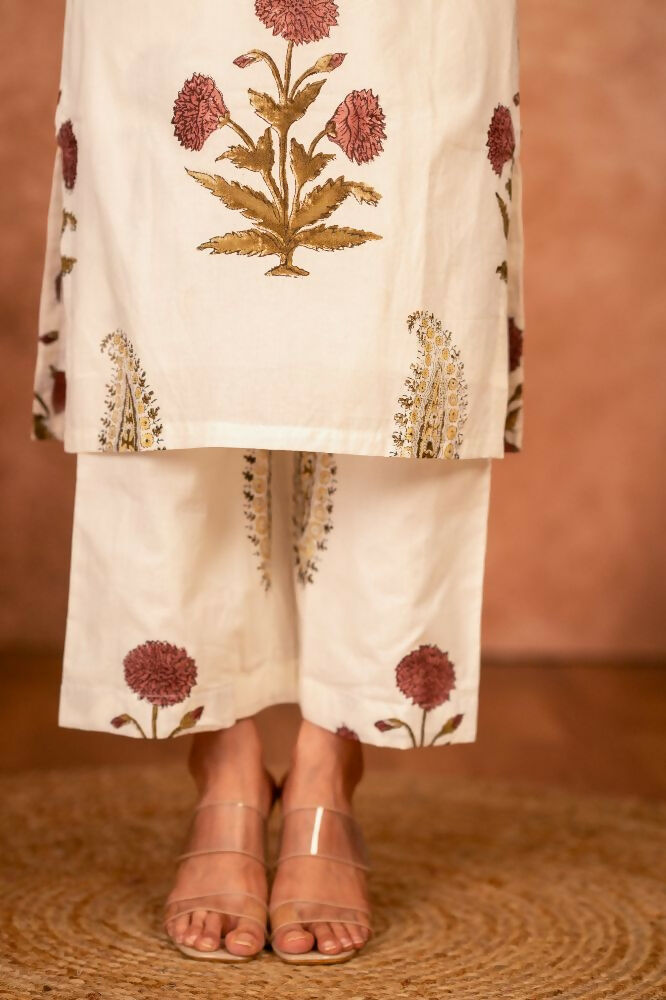 Joban Fashion Off White Red Floral Hand Block Printed Cotton Kurta Pant Set - Distacart