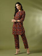 Myshka Women's Multi Printed Cotton Round Neck Party Tunic With Trousers Co-ord set