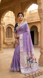 Vastranavya Lavender Muga Cotton Meenakari & Munia Weaving Pallu Saree with Contrast Blouse - Distacart