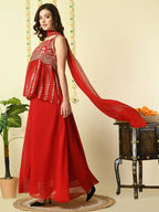 Myshka Women's Red Georgette Top & Skirt With Dupatta Party Sets