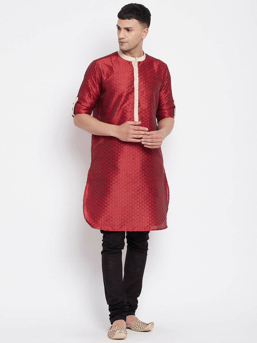 Even Apparels Red Art Silk Men's Kurta With Contrast Collar And Placket - Distacart