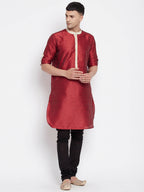 Even Apparels Red Art Silk Men's Kurta With Contrast Collar And Placket - Distacart
