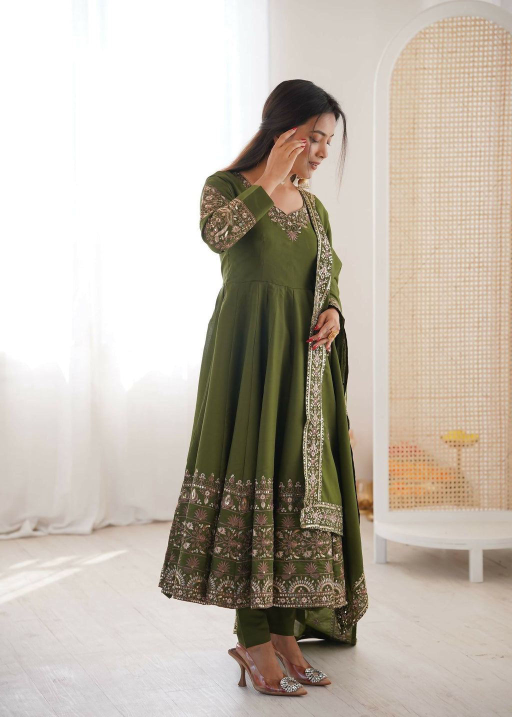Teeya Creation Green Roman Silk Embroidery Work Party Wear Long Gown - Distacart
