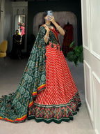 Vastranavya Cultural Leheriya With Patola Print Border Tussar Silk Lehenga Choli - Red