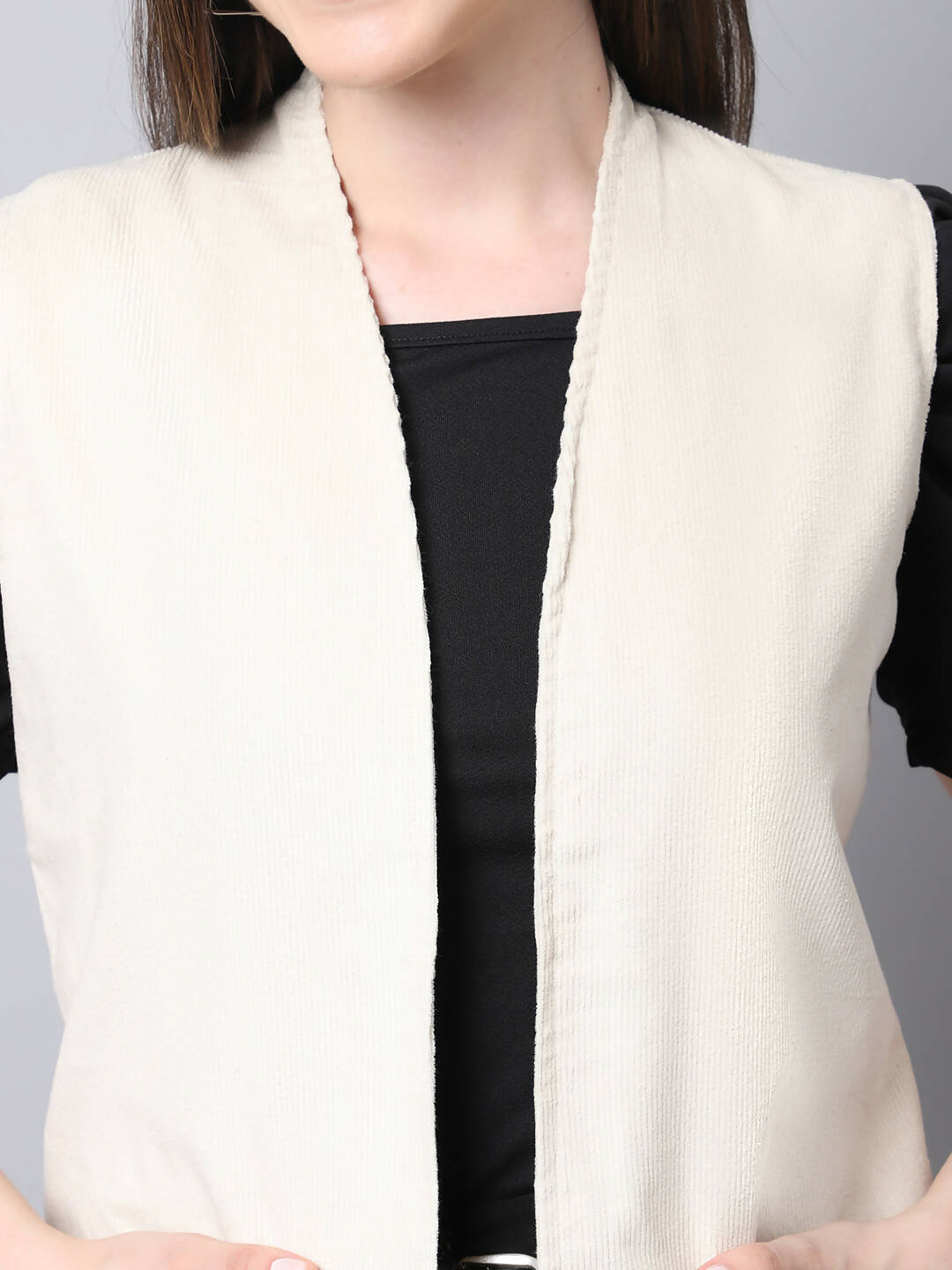 Even Apparels White Polywool Open Front Corduroy Women's Long Coat